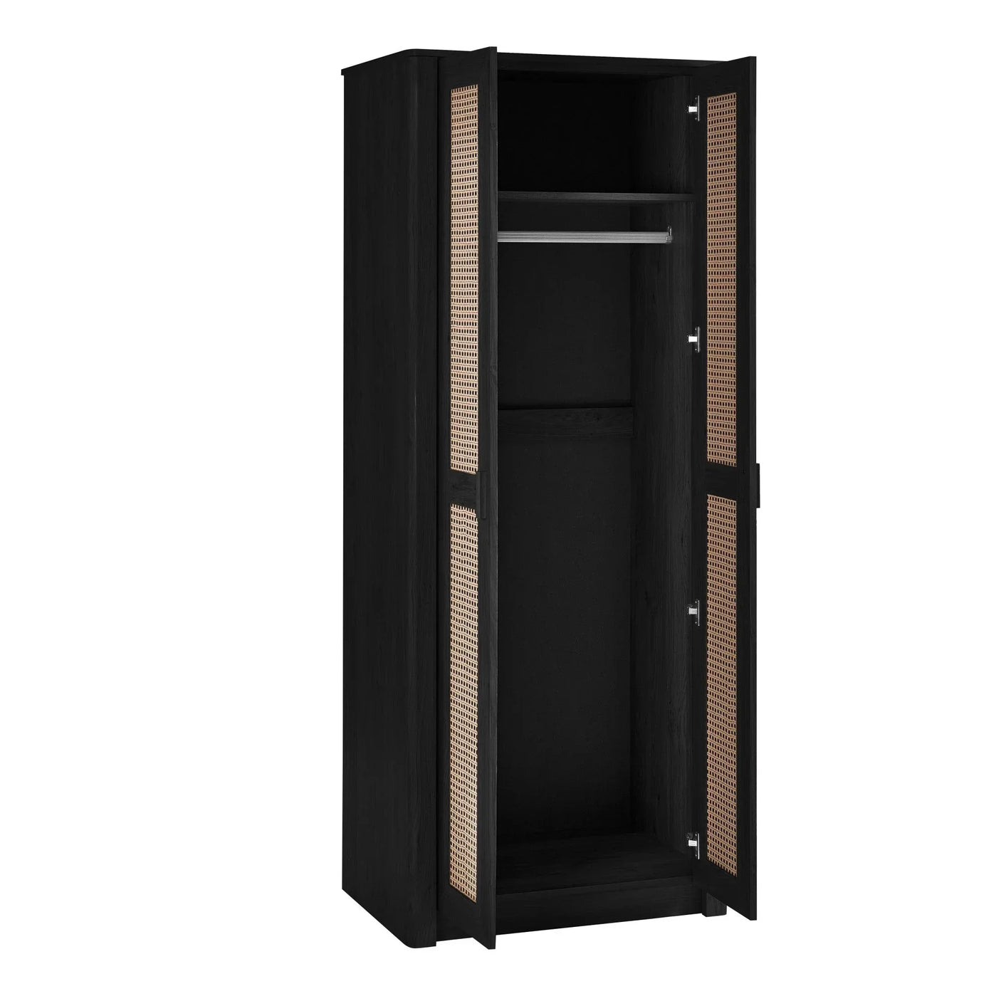 Black rattan effect 2 door wardrobe with hanging rail and open doors
