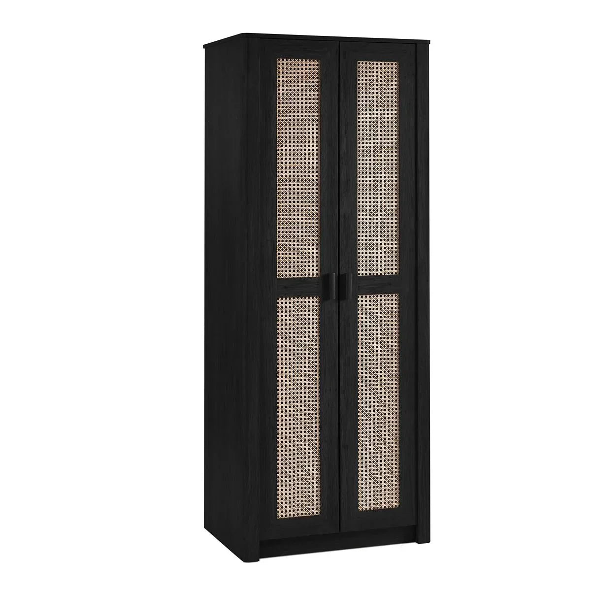 Black wardrobe with natural rattan door panels and two handles, photographed at an angle