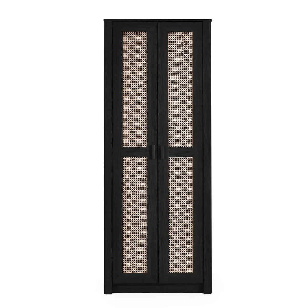 Black wooden wardrobe with rattan panel doors and square handles, front view