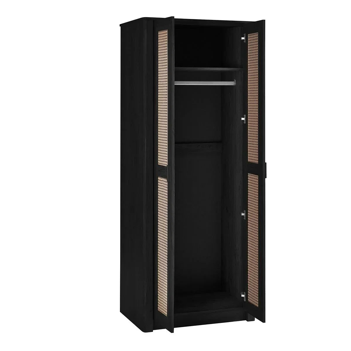 Black wooden wardrobe with open rattan panel doors and interior hanging rail