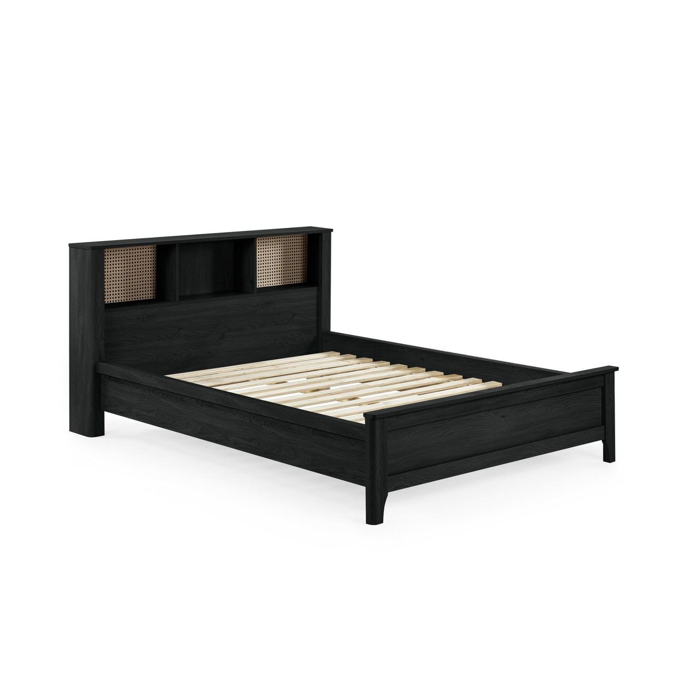 Black double bed with rattan inset shelves in headboard, no mattress, angled view on white background