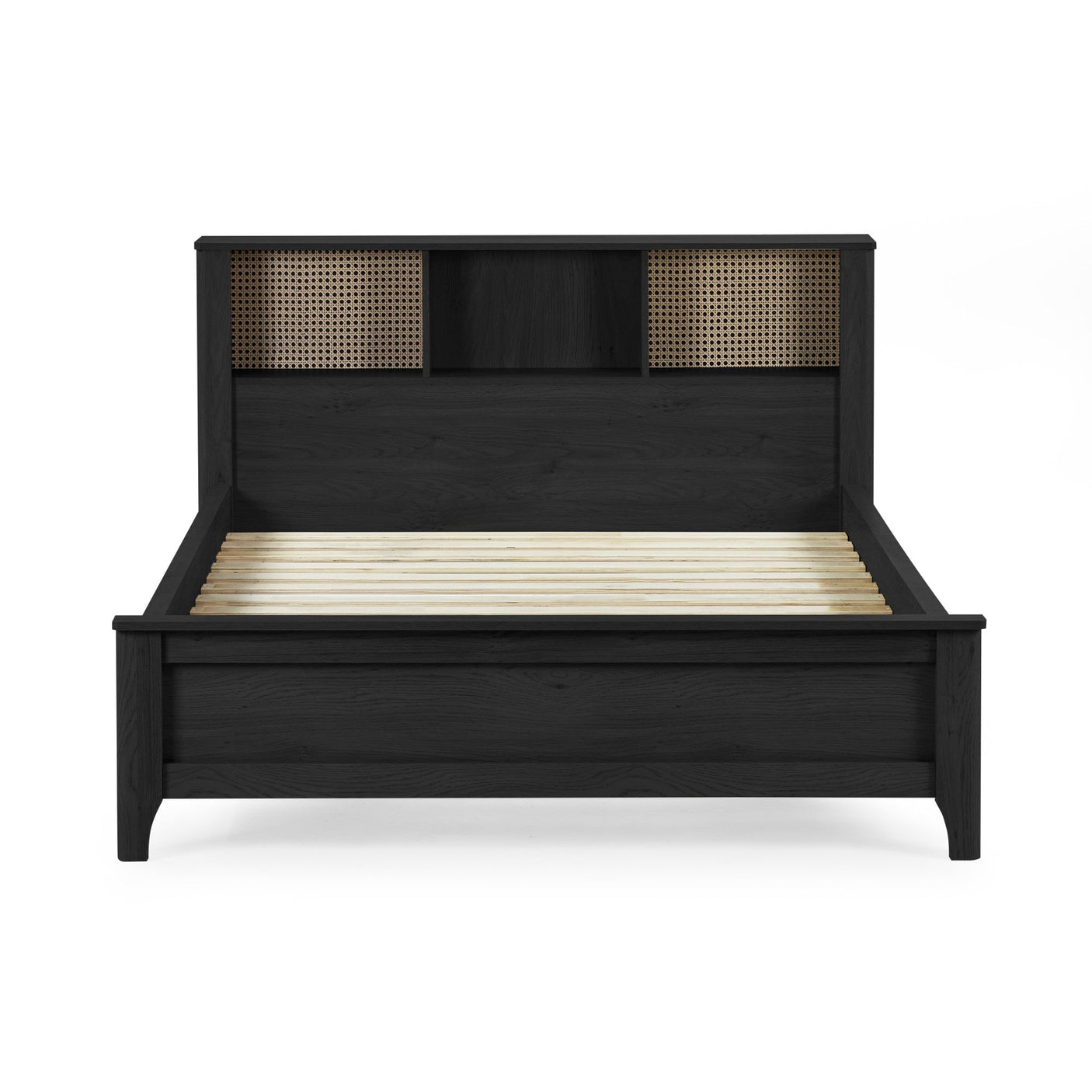 Black double bed with rattan inset storage shelves in headboard, no mattress, front view on white background