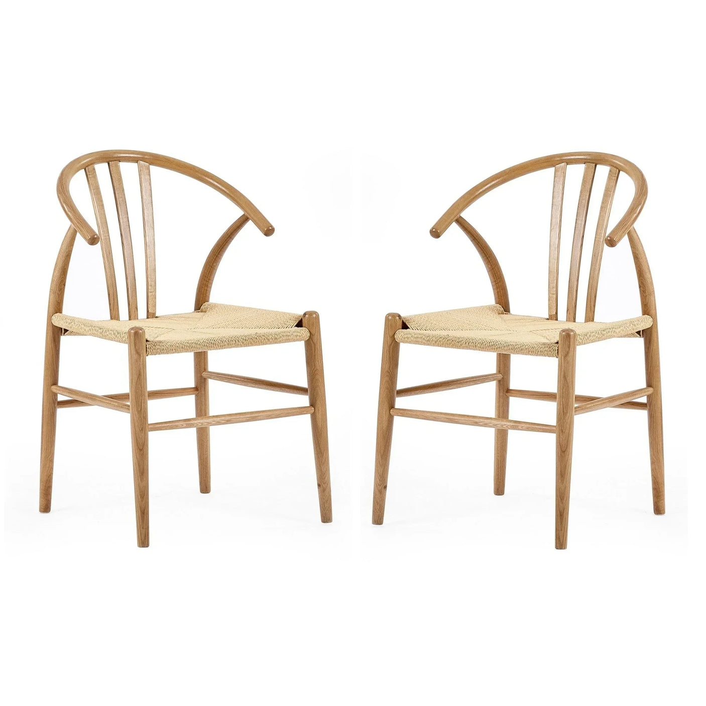Pair of wooden dining chairs with curved backrest and woven natural seats on white background