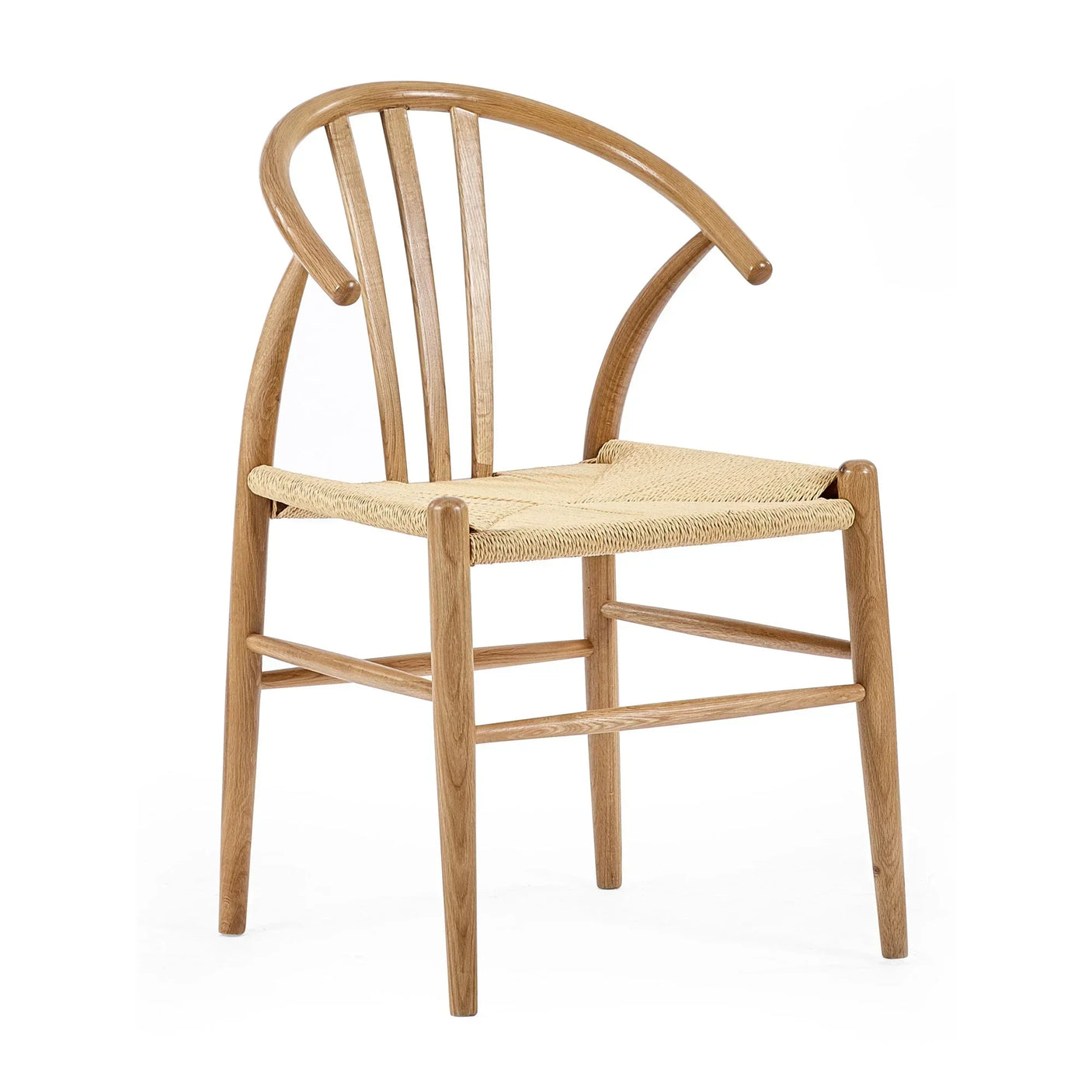Oak dining chair with curved backrest and woven seat on white background