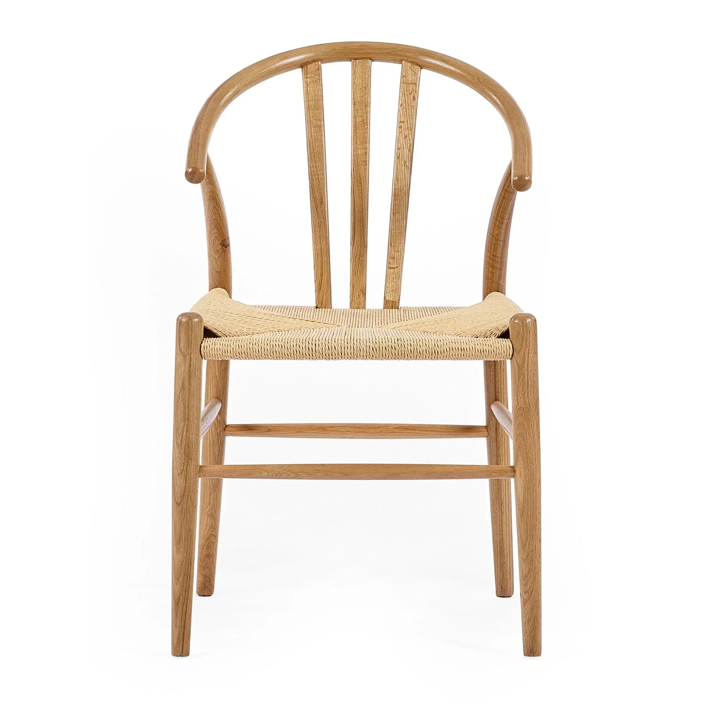 Oak dining chair with curved wooden backrest and woven seat, front view