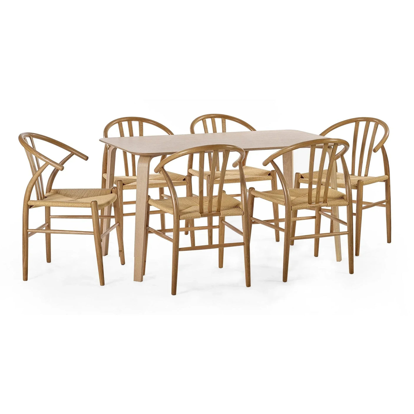 Oak dining table set with six curved wood chairs and woven seats on white background