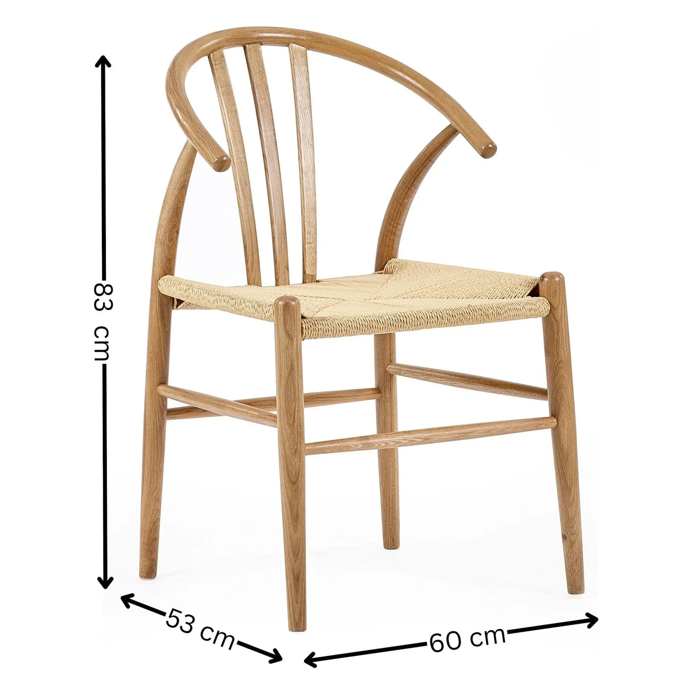 Natural wood dining chair with woven seat, curved back, and size measurements visible