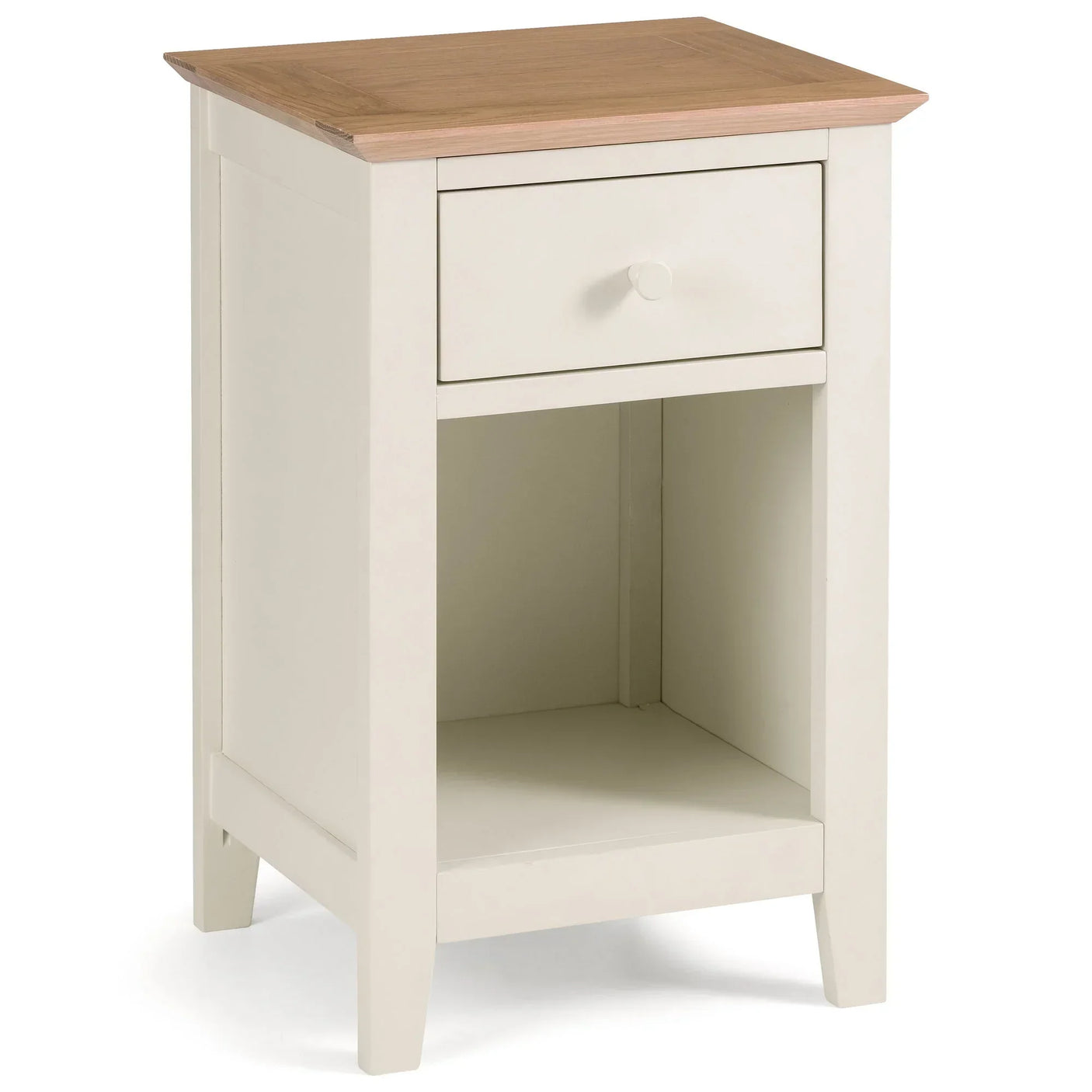 Two-tone bedside table with single drawer and shelf, light wood top and cream base