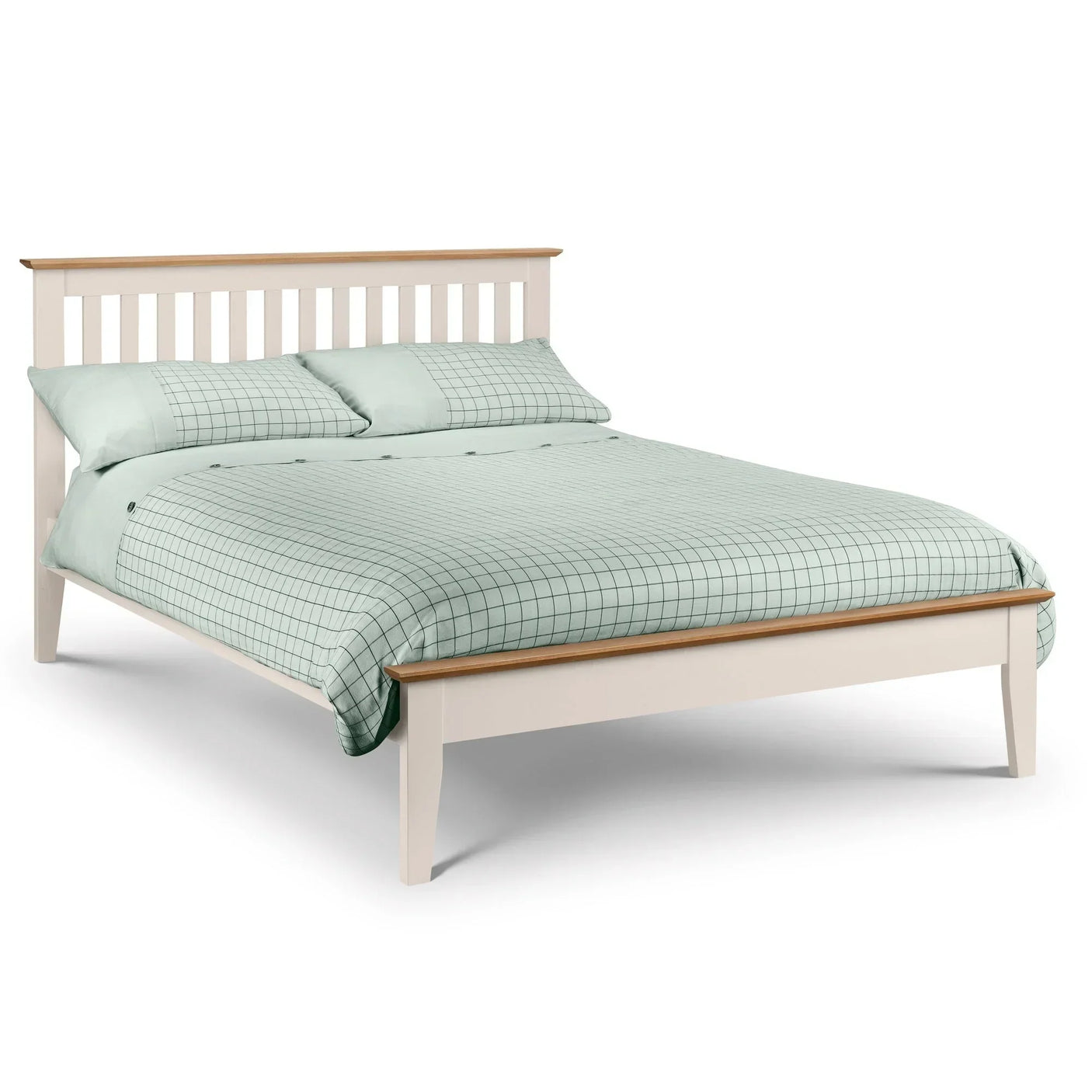 Two tone wooden bed frame with slatted headboard and light wood trim, 135cm double size