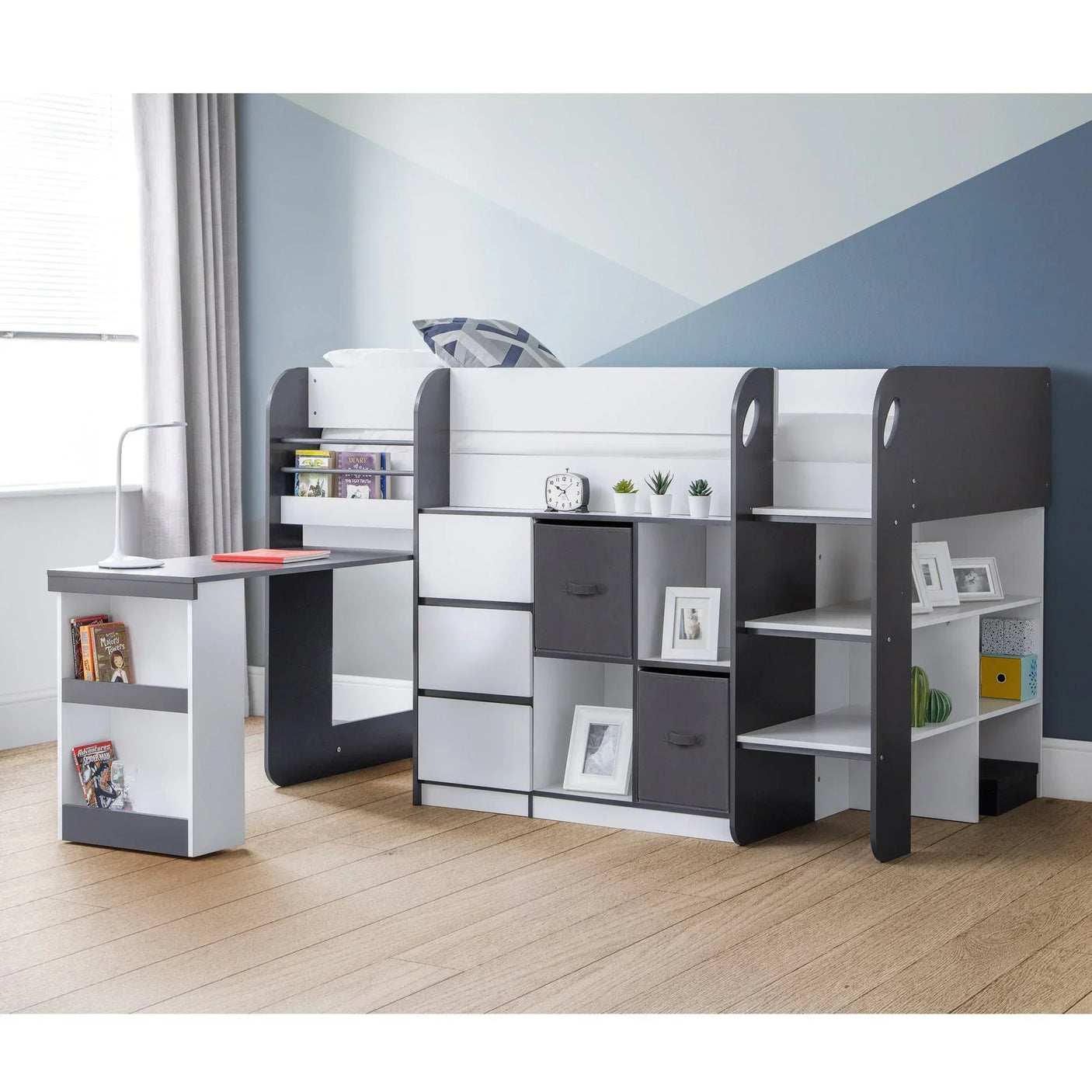 Saturn midsleeper bed with desk, shelves, and storage in modern kids room