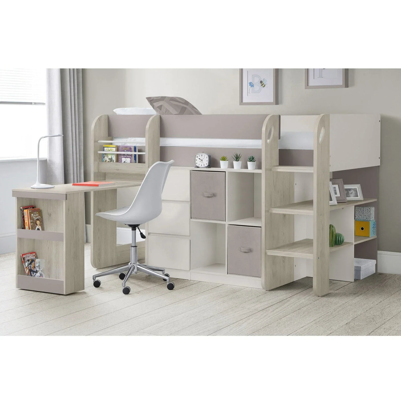 Saturn midsleeper bed in taupe oak with pull-out desk, shelving, and storage drawers