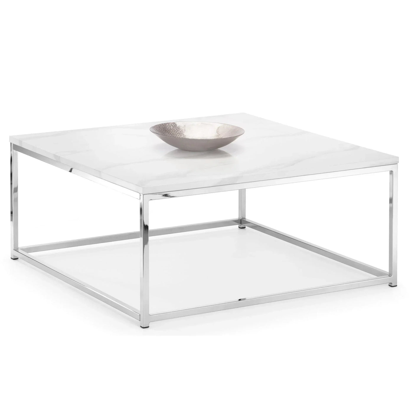 Square coffee table with white marble top and chrome frame, decorative bowl on surface