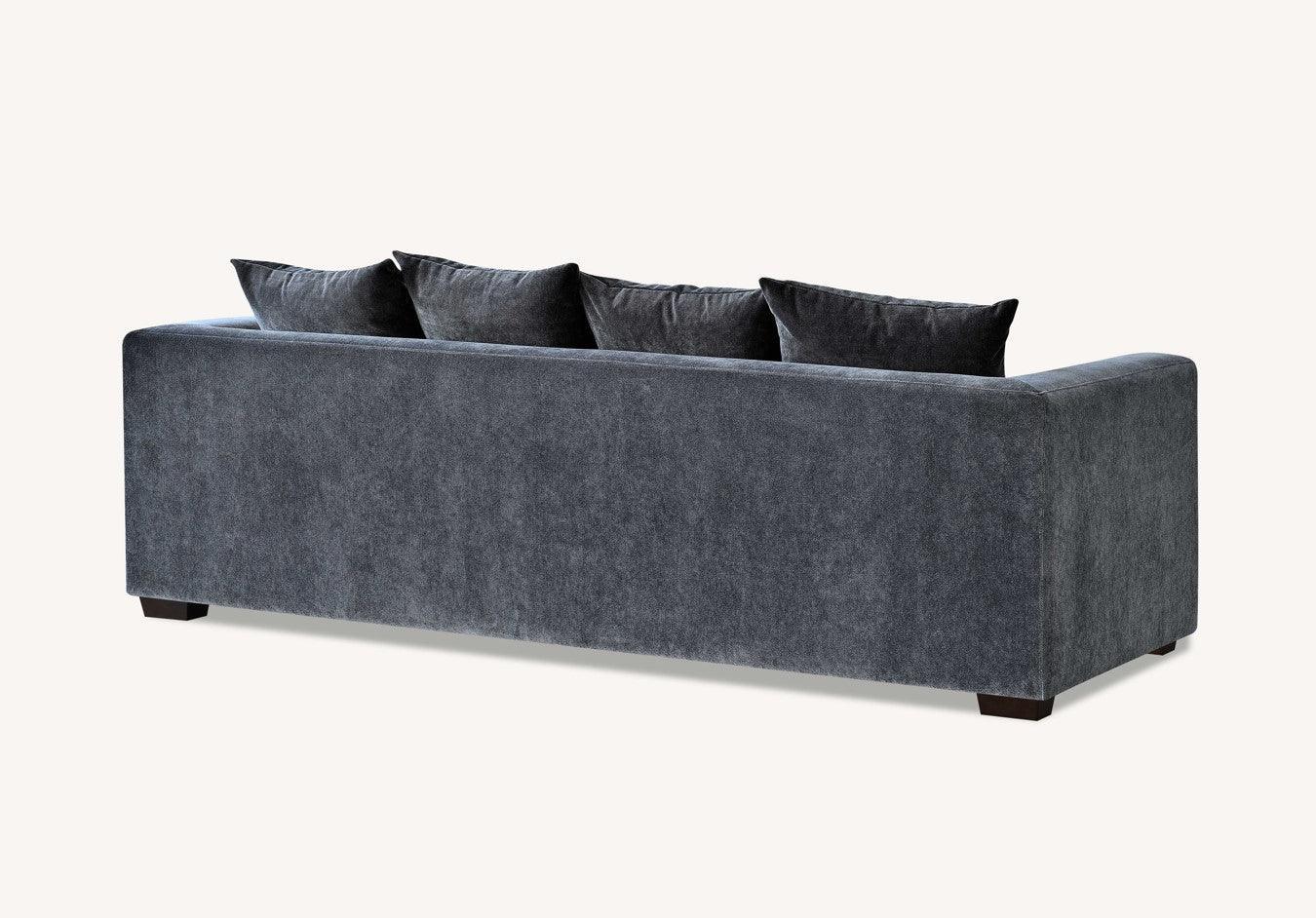 Charcoal fabric sofa with four matching back cushions, rear angle view