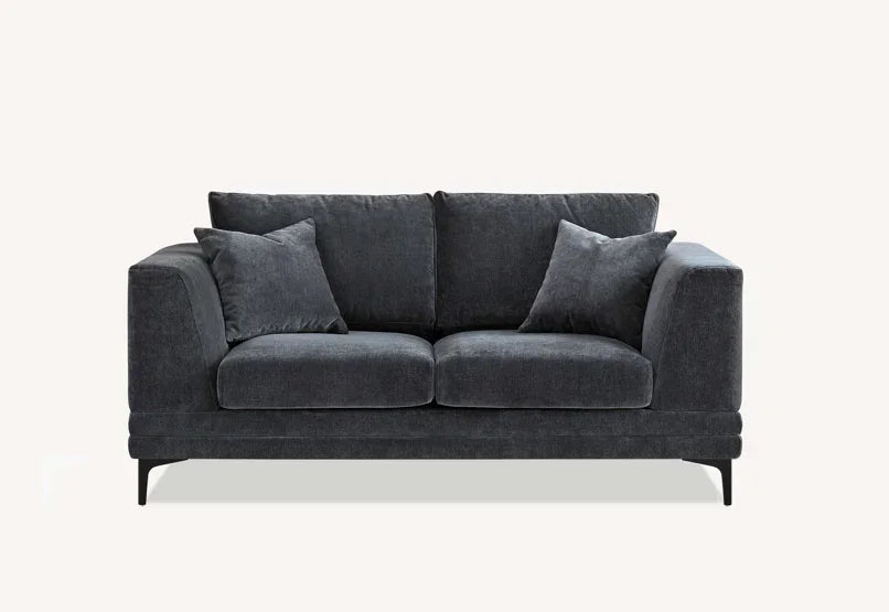 Charcoal fabric sofa with two seat cushions and scatter pillows, front view