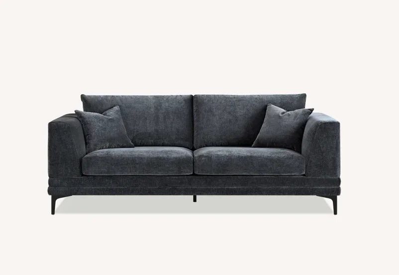Charcoal fabric sofa with two seat cushions, plush back cushions, and black metal legs