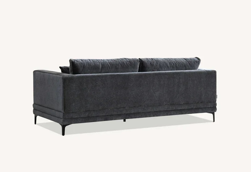 Dark grey fabric sofa with metal legs, rear angle view, modern living room furniture