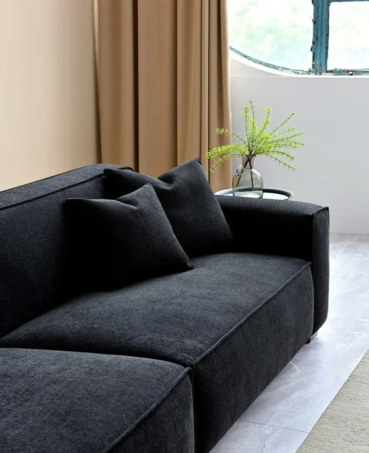 Modern black fabric sofa with clean lines and two cushions in a contemporary living room