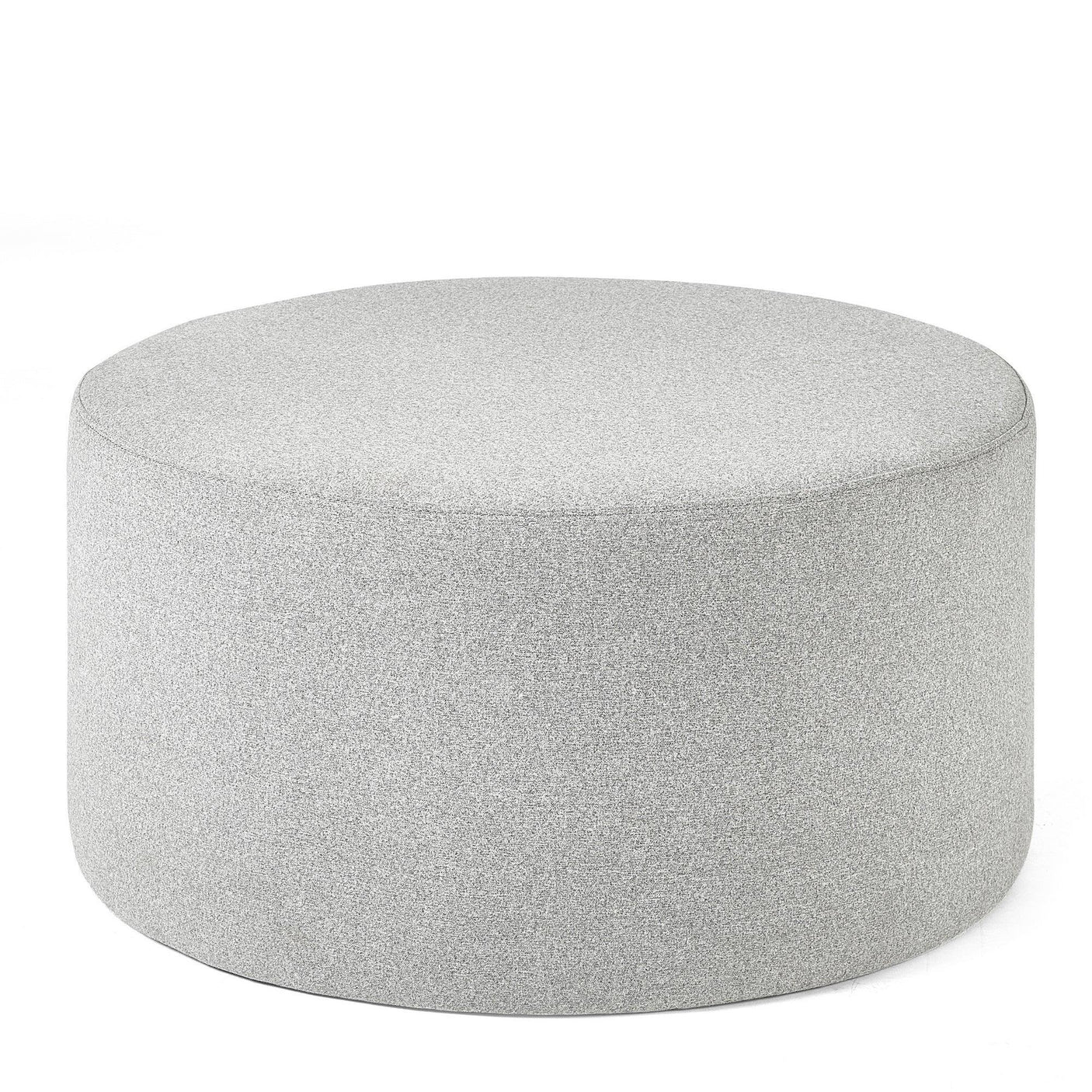 Round grey footstool upholstered in fabric with minimalist design on white background
