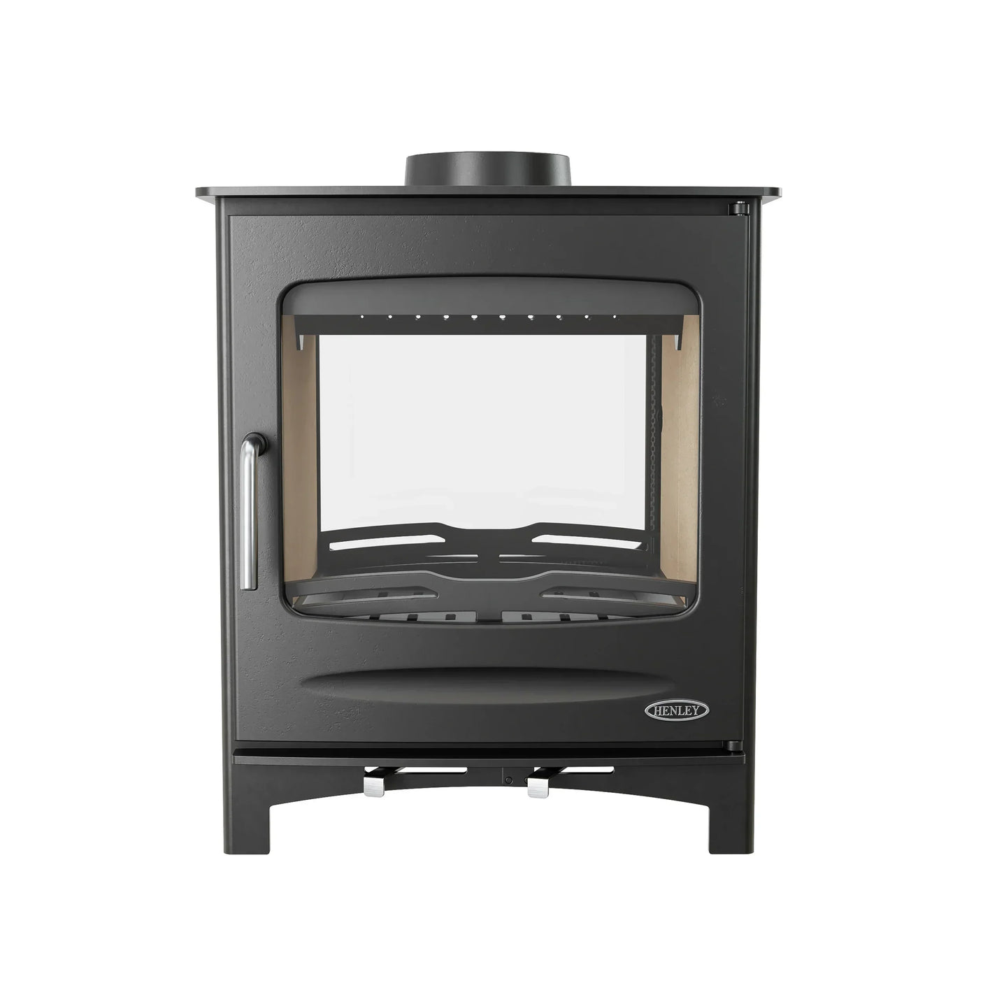 black wood burning stove with glass front panel and metal handle, photographed from the front