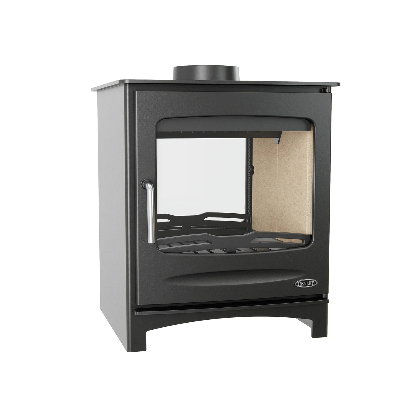 Modern black wood burning stove with large glass front and side handle, left side view