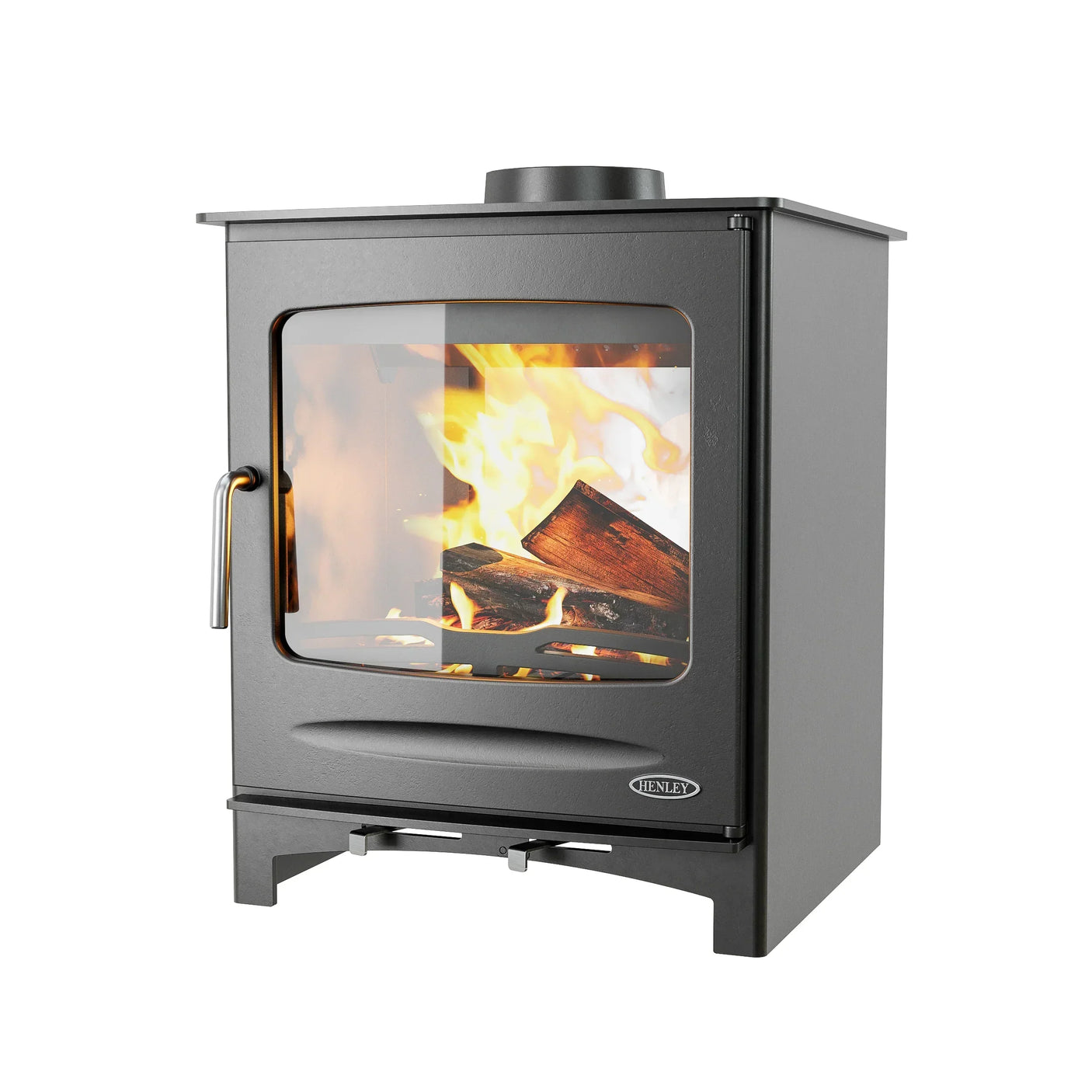 Black wood burning stove with glass door showing active fire and logs, side view