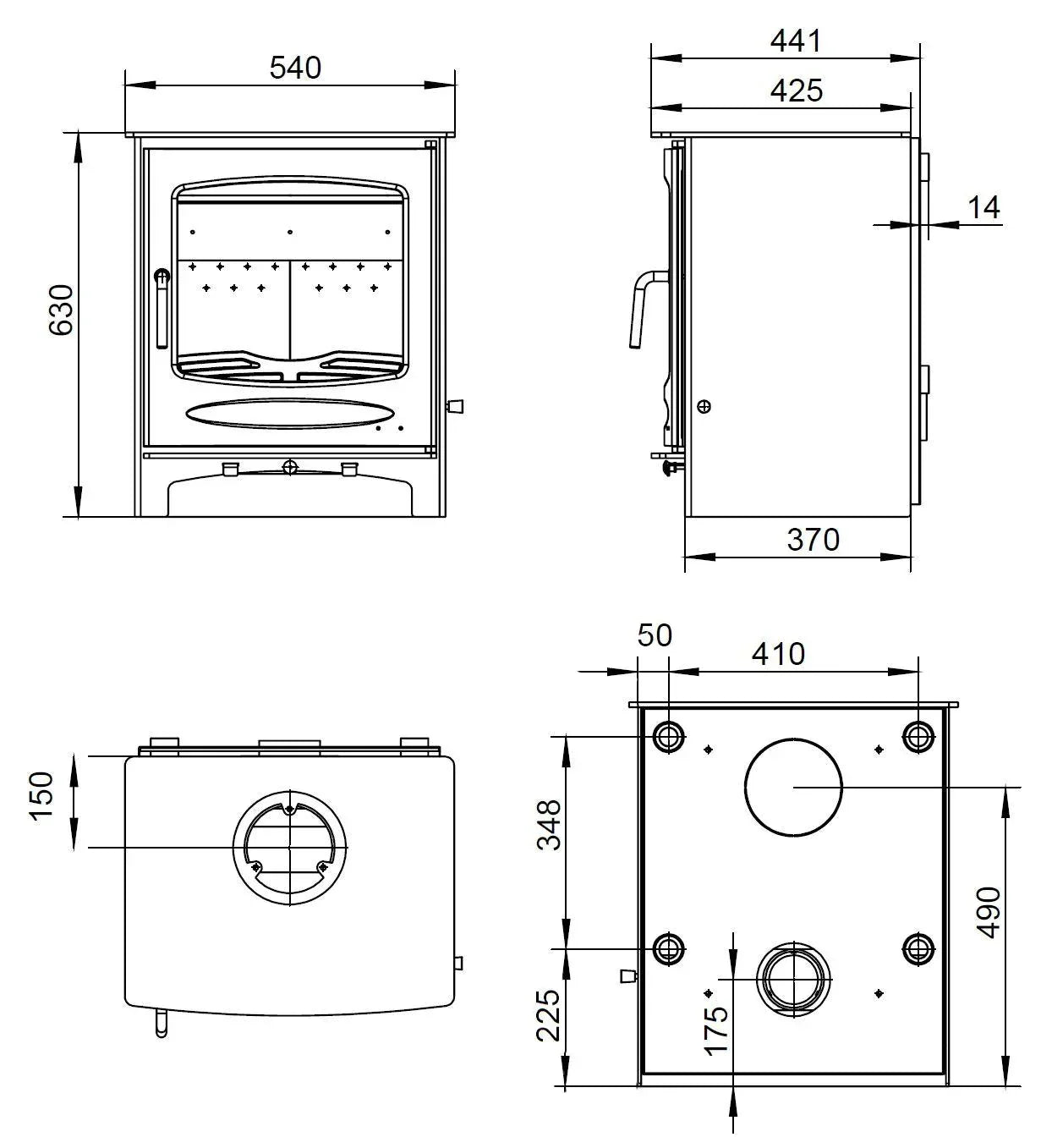 Sherwood 12 Eco Boiler technical drawing with dimensions from front, side, top and back views