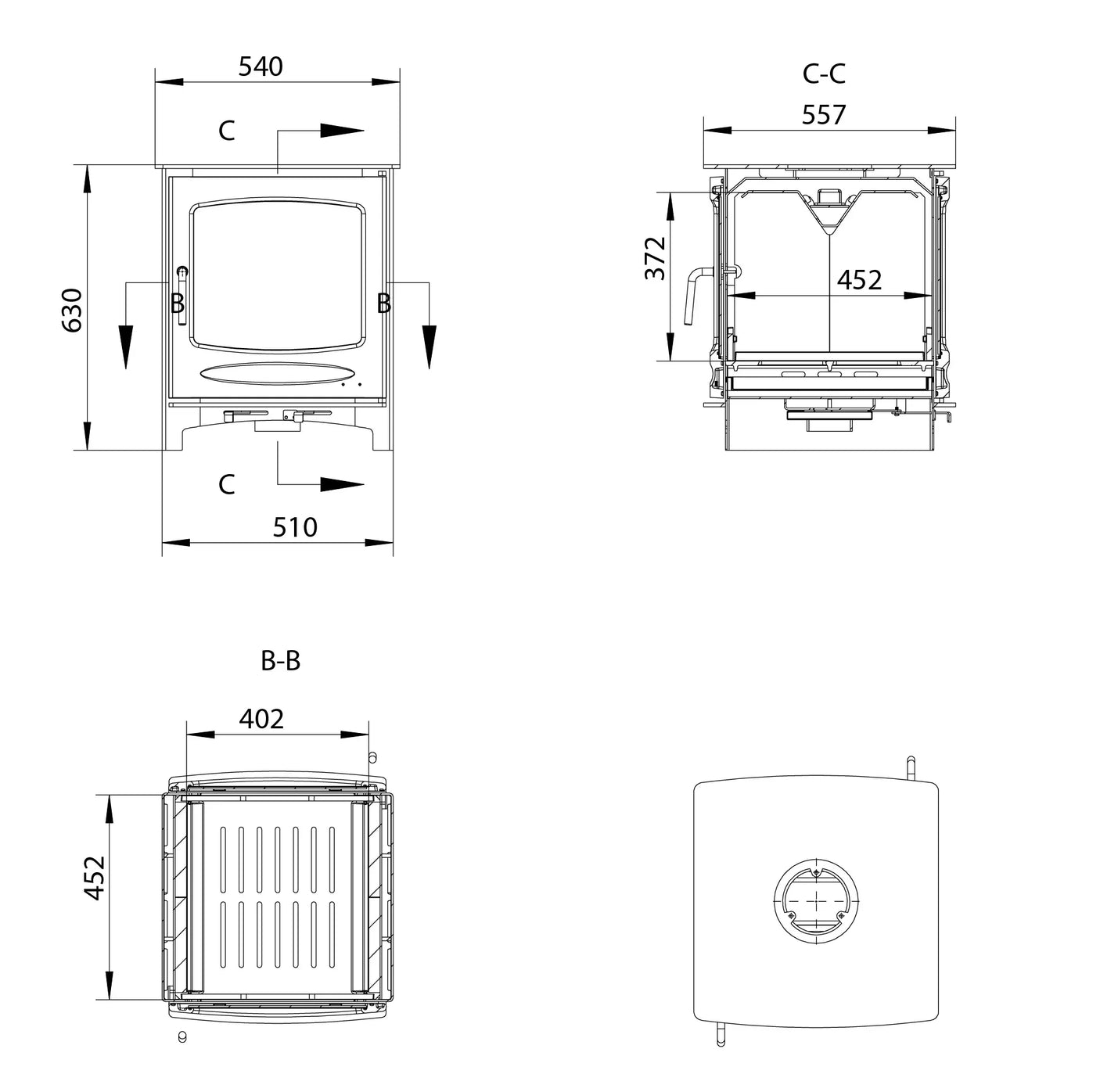 Sherwood 12 double sided stove technical drawing with front, side, and top measurements