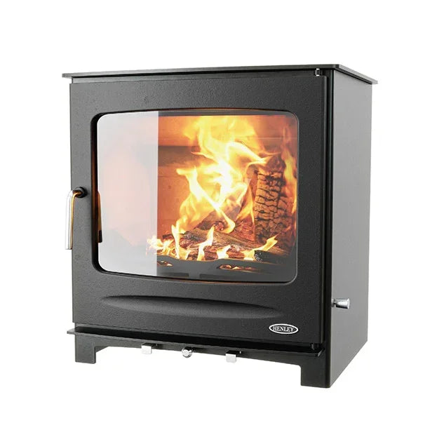 Black eco boiler stove with front glass panel and visible fire burning inside