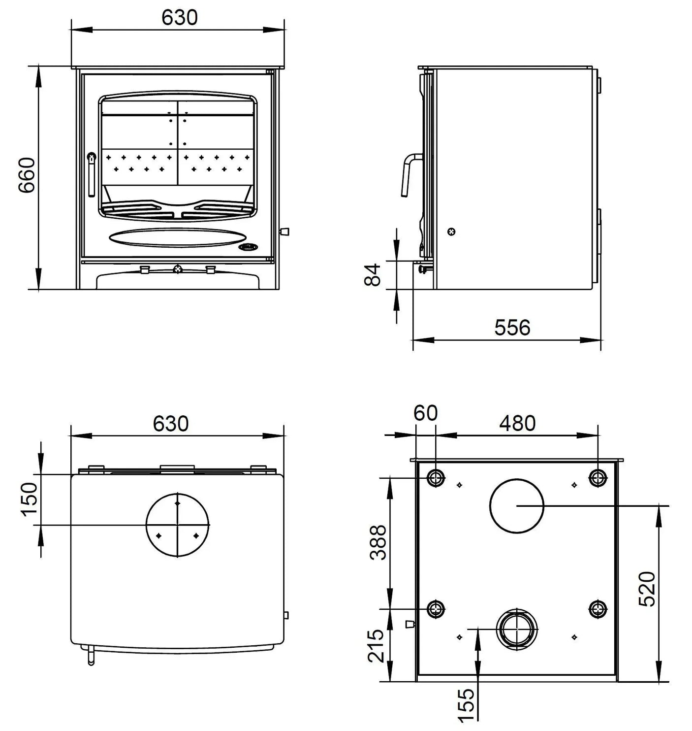 Sherwood boiler stove technical drawing with front, side, top, and rear dimensions illustrated