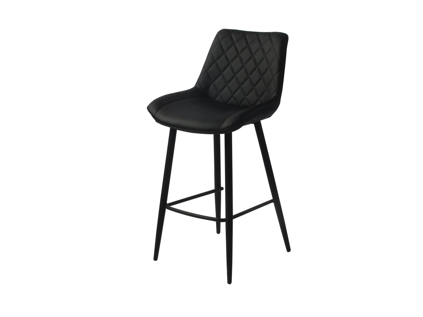 Black bar stool with quilted backrest and black metal legs on white background
