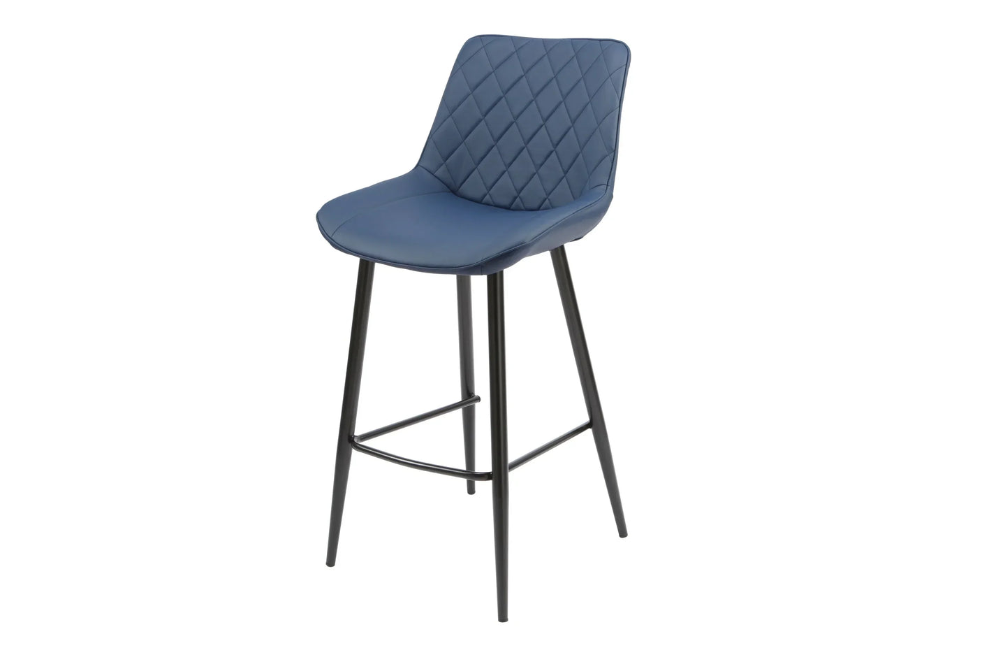 Blue bar stool with diamond-stitched seat and black metal legs, angled front view