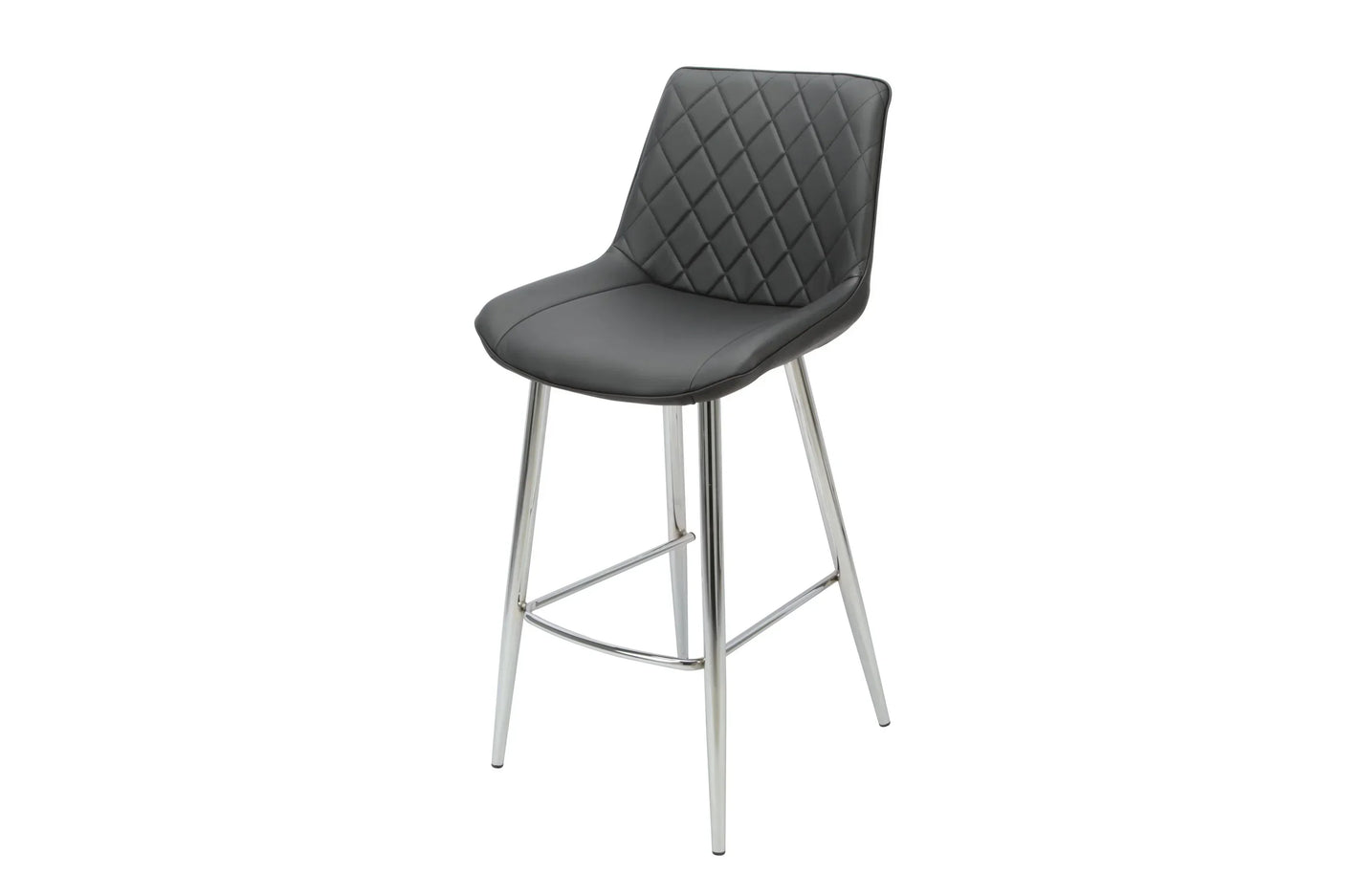 Black PU bar stool with chrome legs and diamond-stitched backrest, angled view