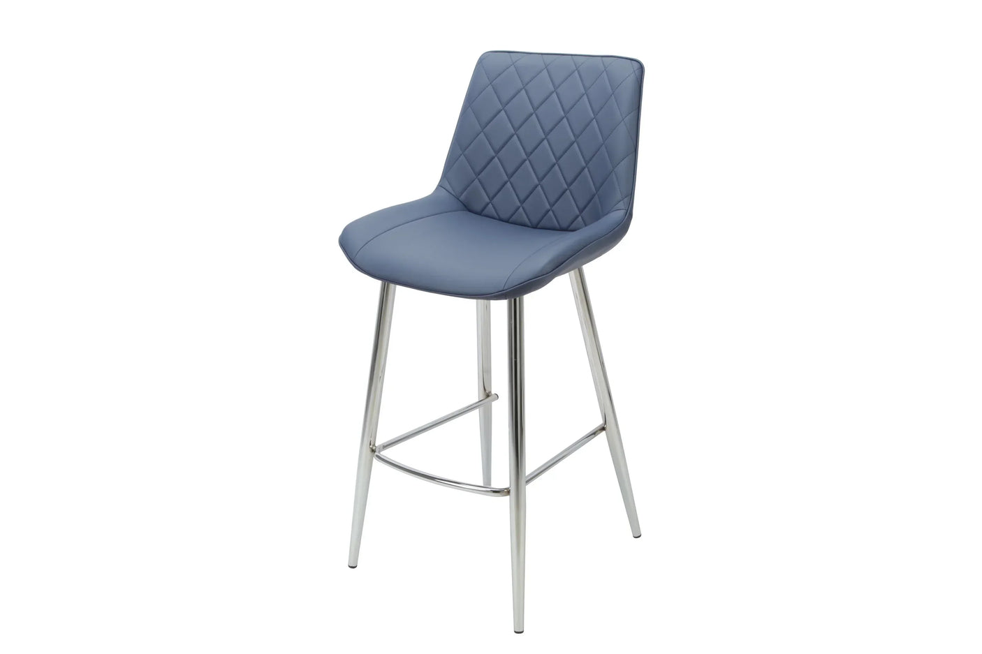 Blue PU bar stool with diamond stitched backrest and chrome legs on white background