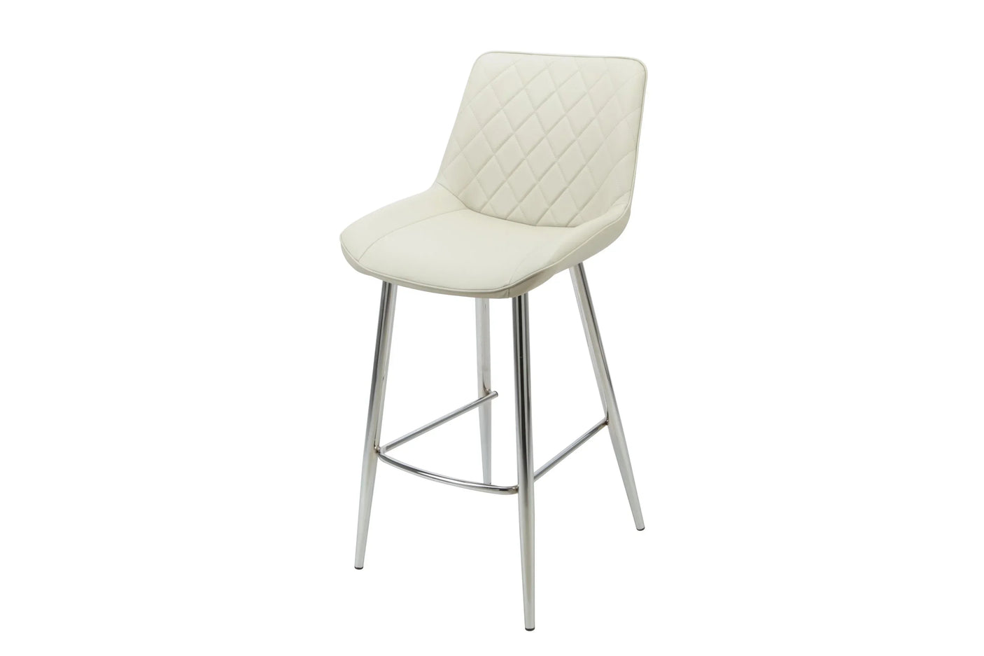 Taupe PU leather bar stool with chrome legs and diamond-stitched backrest, angled view
