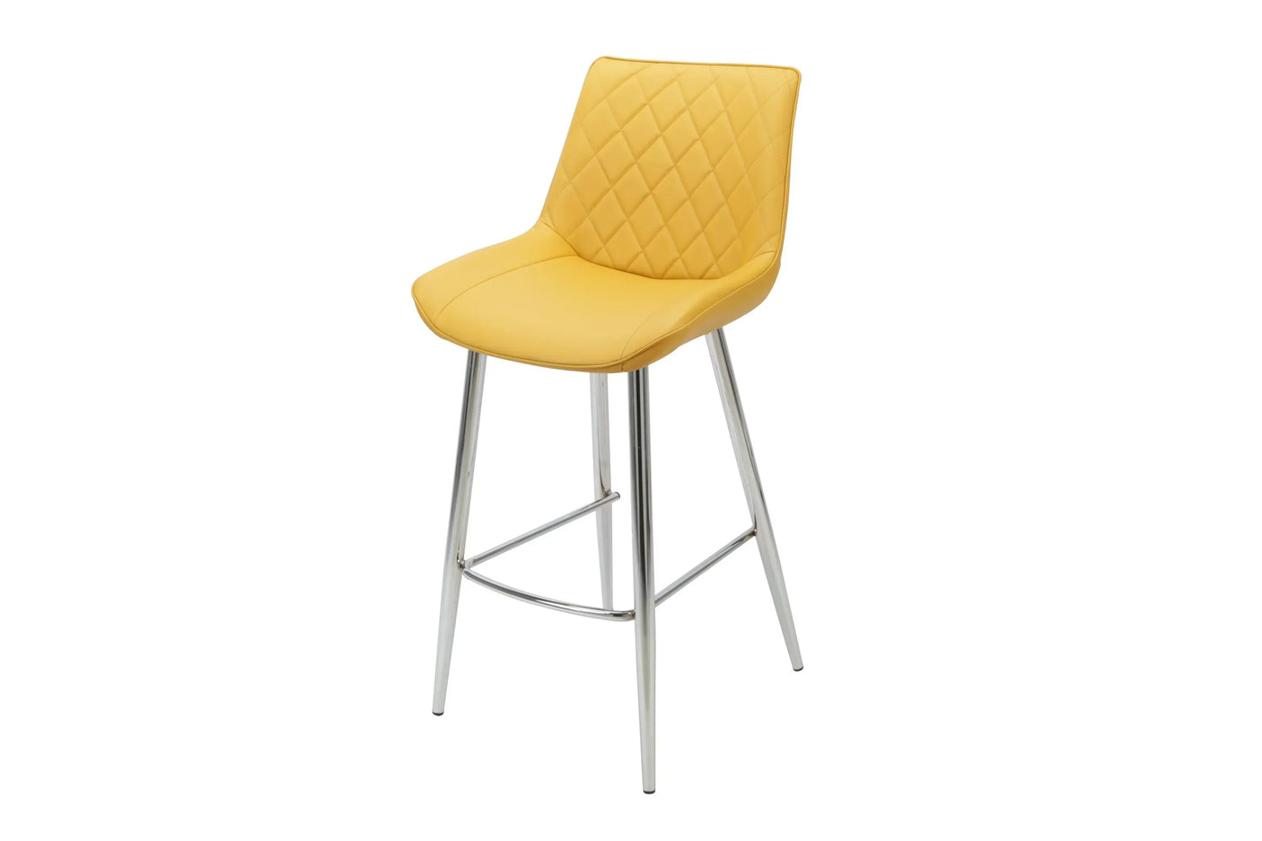 Yellow PU bar stool with chrome legs and quilted backrest on white background