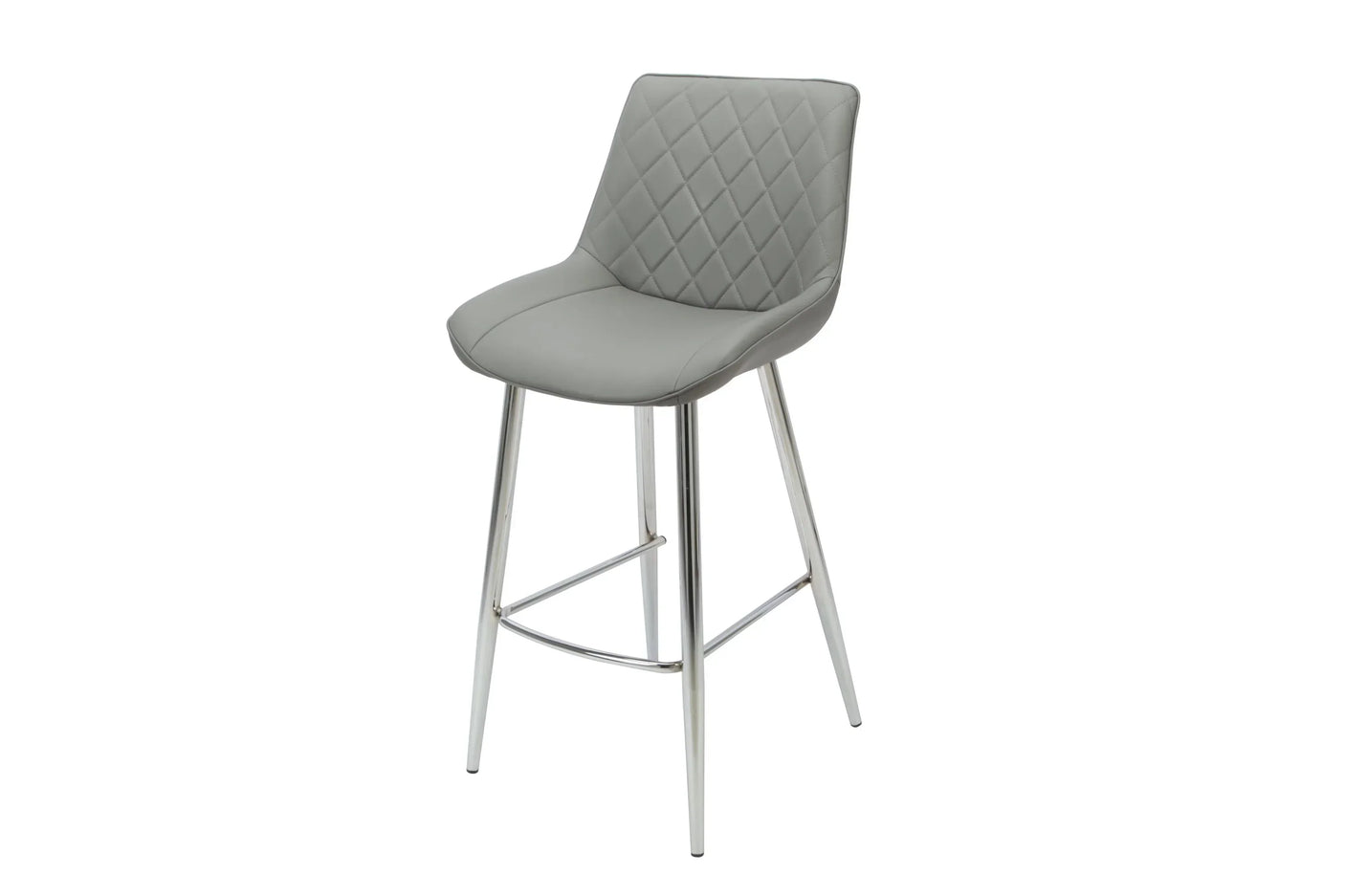 Grey bar stool with diamond-stitched backrest and chrome legs on white background