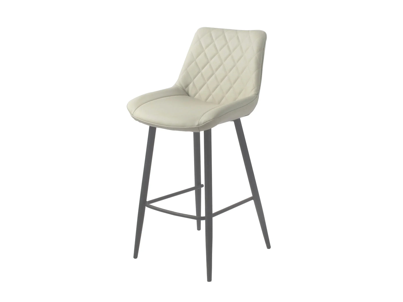 Taupe bar stool with diamond-stitched seat and black metal legs on white background