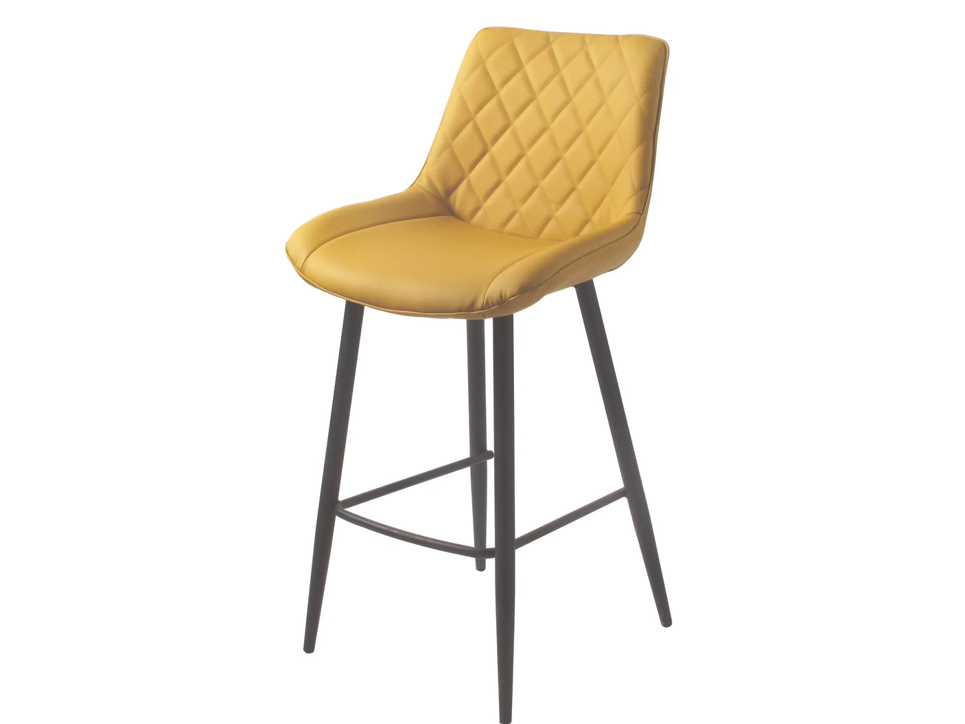 Yellow bar stool with quilted seat, curved backrest, and black metal legs