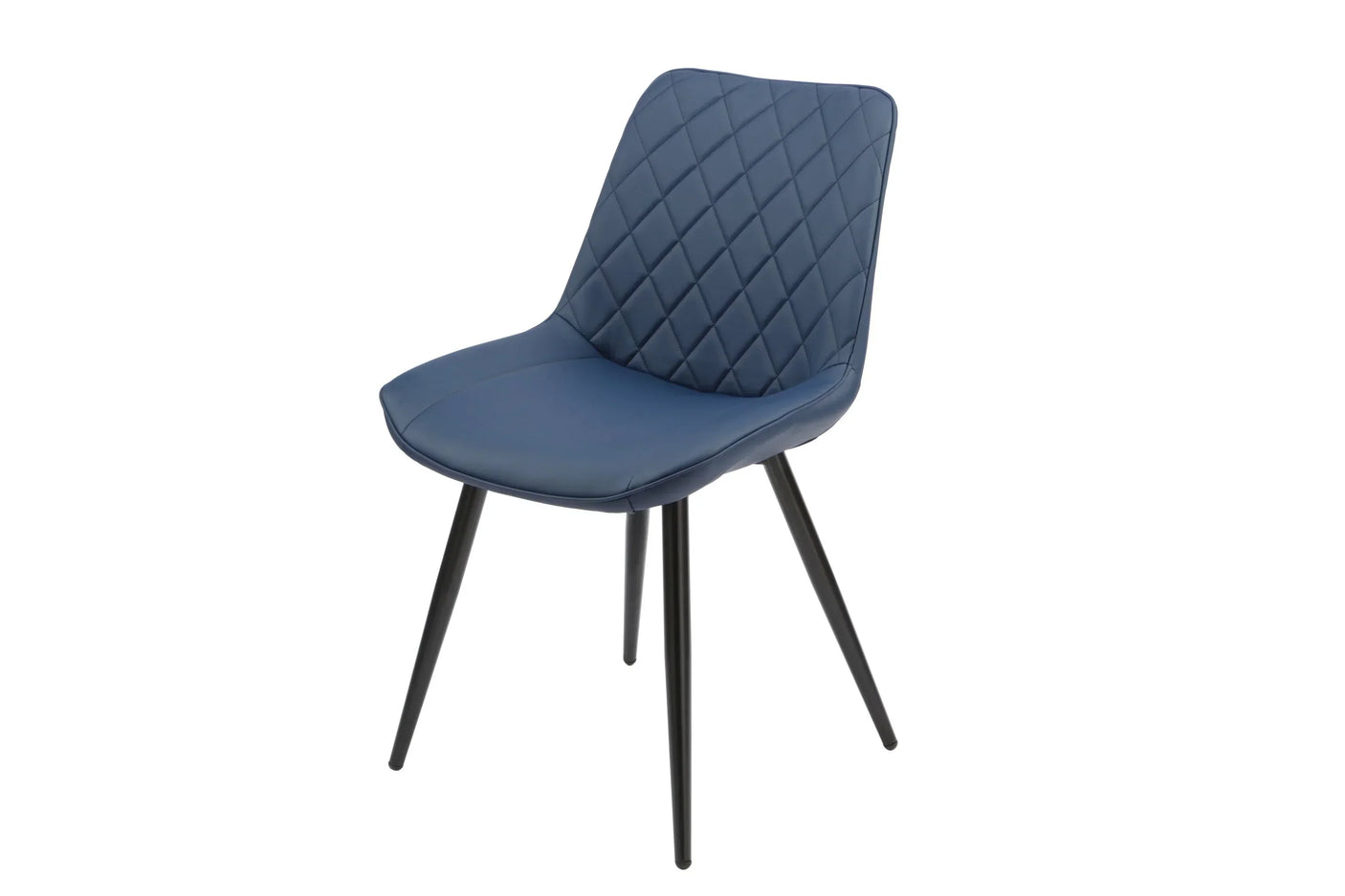 Blue dining chair with diamond stitched back and black metal legs on white background