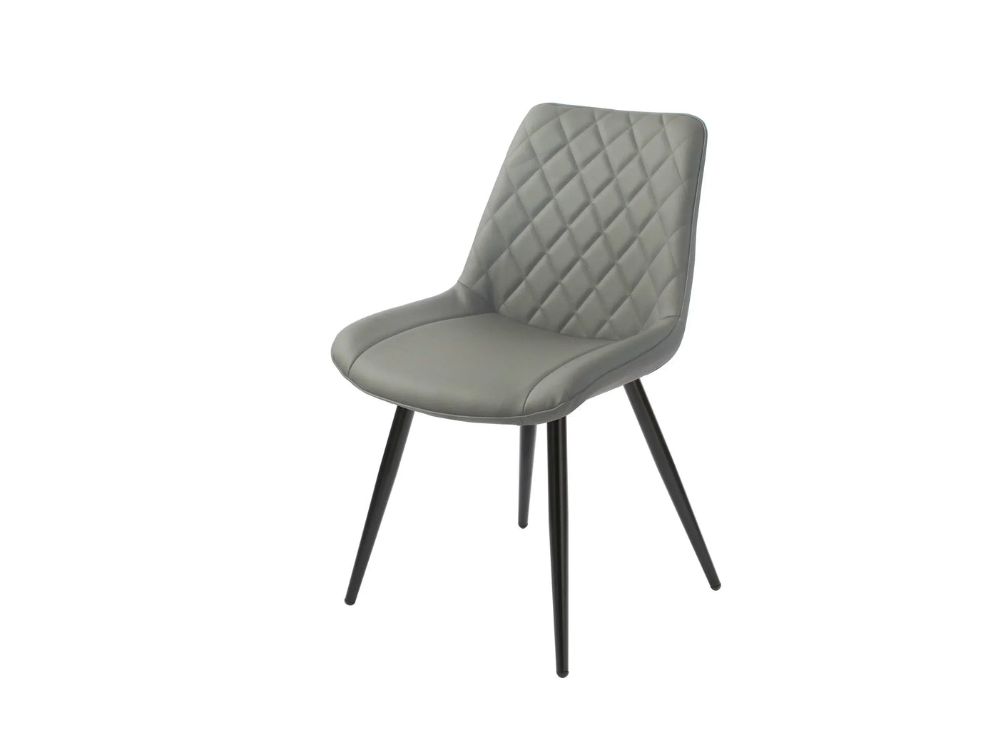 Grey dining chair with quilted backrest and black metal legs on white background