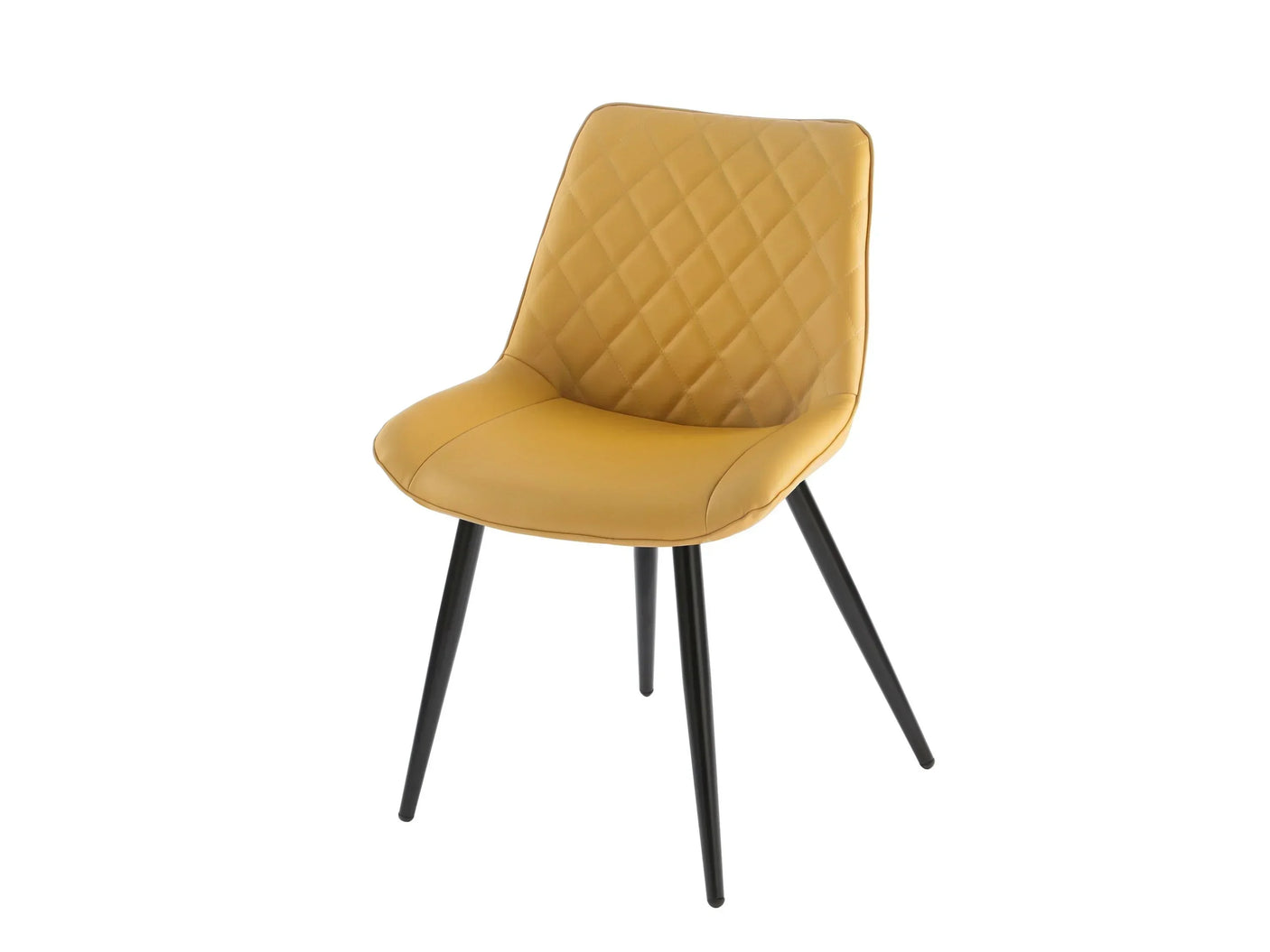 Yellow dining chair with quilted seat and backrest, black metal legs, front angle view