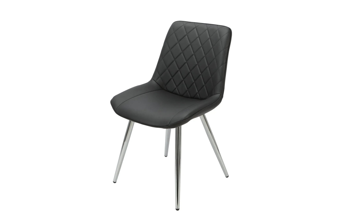 Black dining chair with chrome legs and diamond-stitched backrest on white background