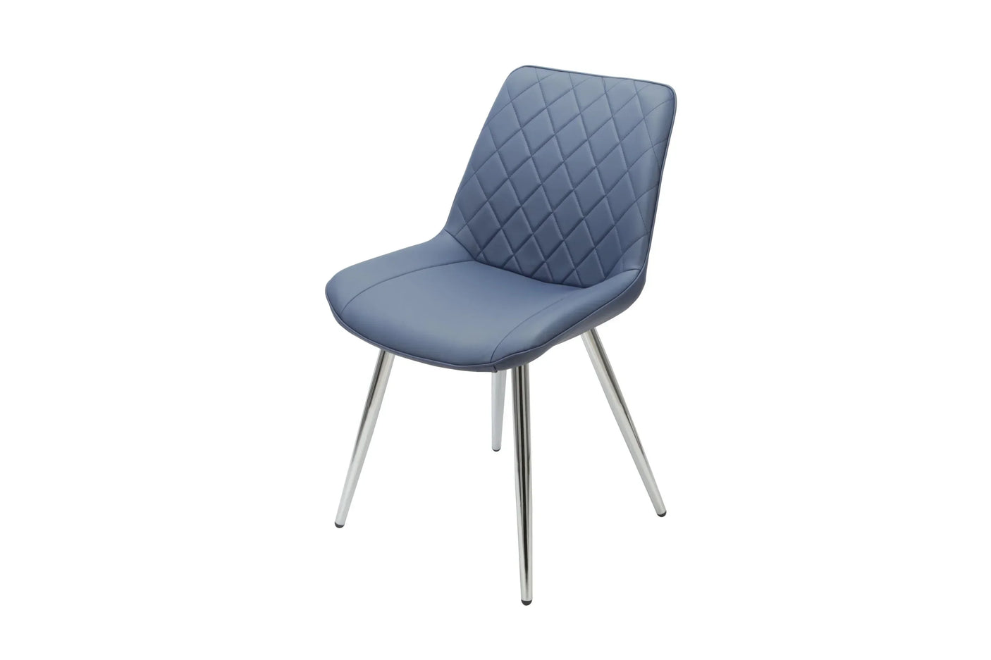 blue PU dining chair with chrome legs and diamond-stitched backrest on white background