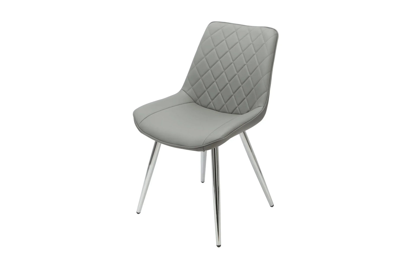 Grey PU dining chair with quilted backrest and chrome legs on white background