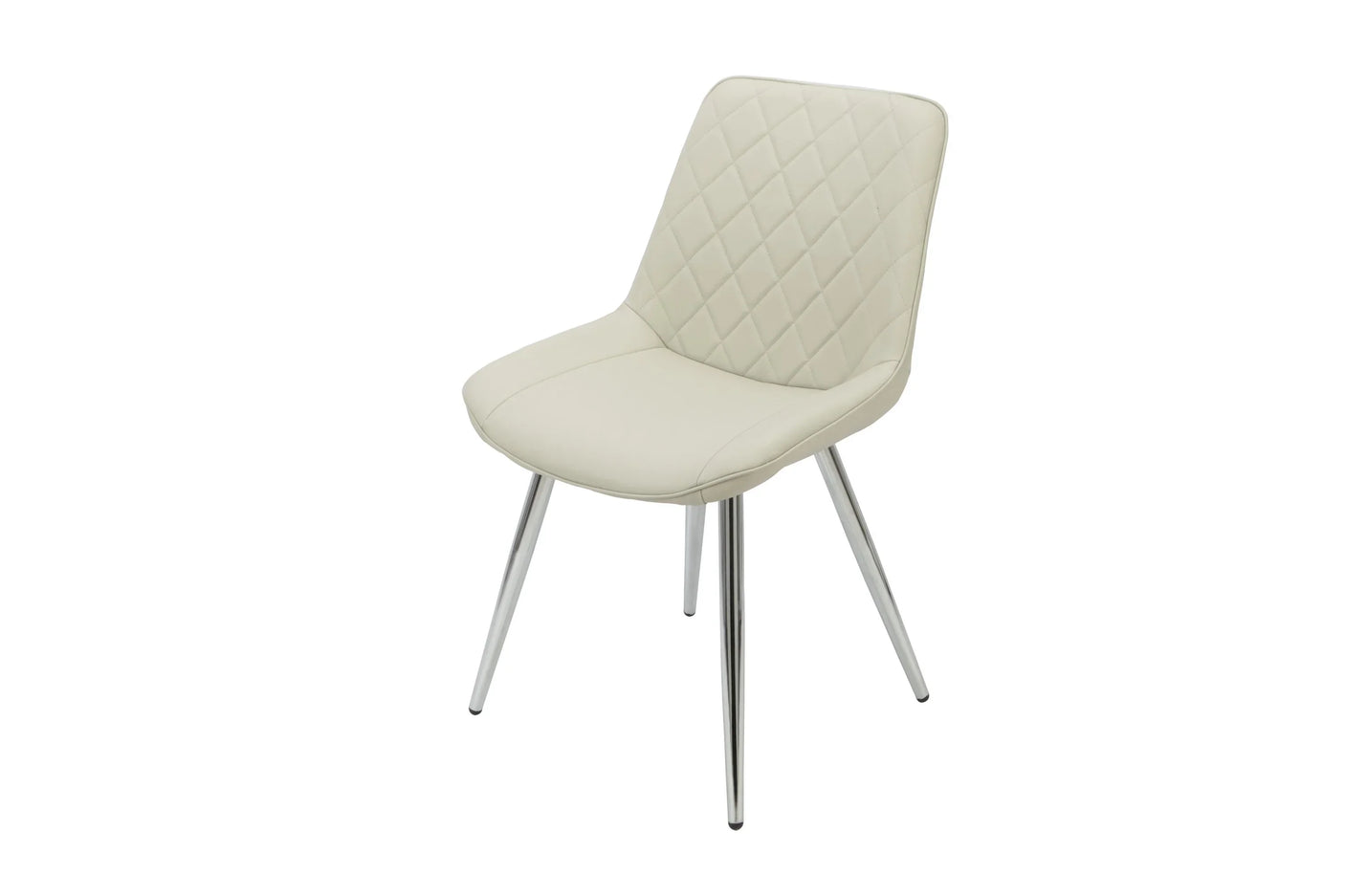 Taupe PU dining chair with chrome legs and diamond-stitched backrest, angled view