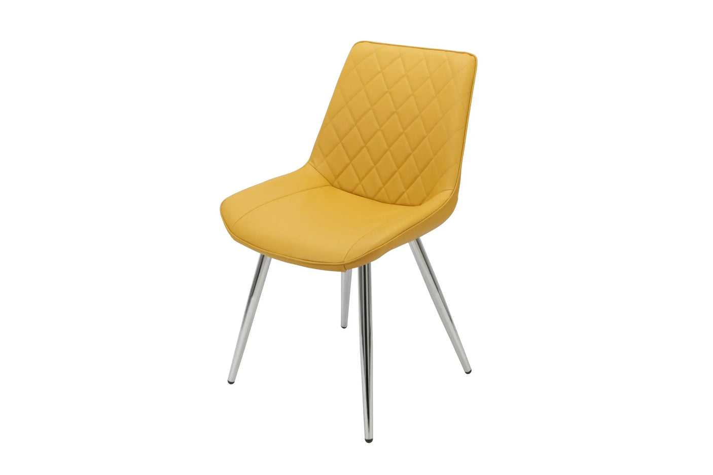 Yellow dining chair with chrome legs and quilted PU upholstery, angled front view