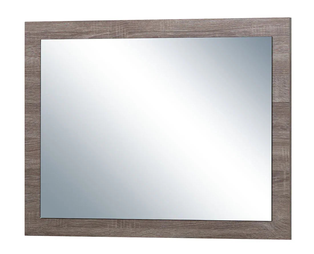 Rectangular wall mirror with wide wood effect frame and clear glass