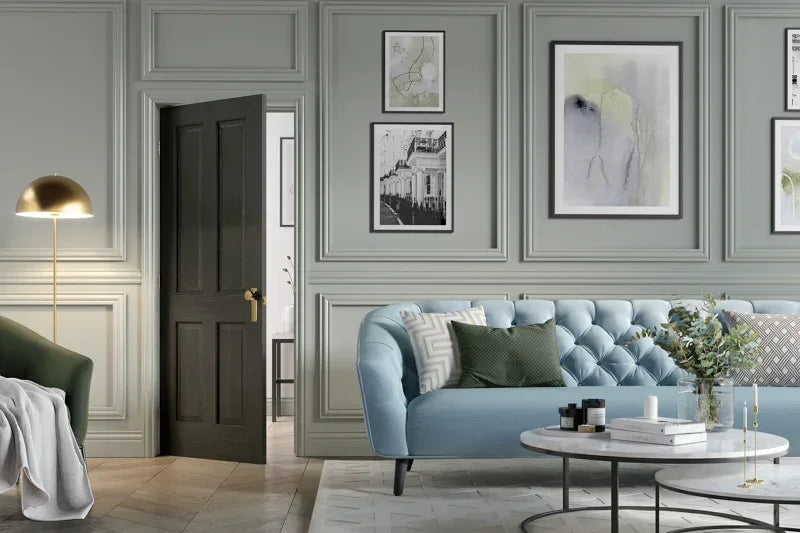 Smoked oak Regency 4 panel door in elegant living room with tufted sofa and coffee table