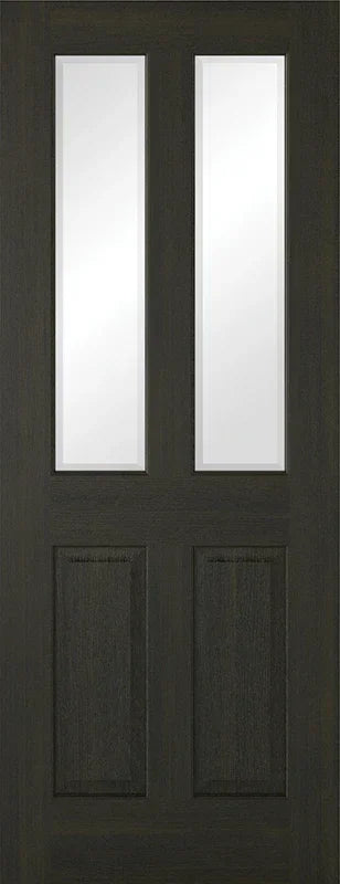 Smoked oak glazed door with two vertical glass panels and two wood panels front view