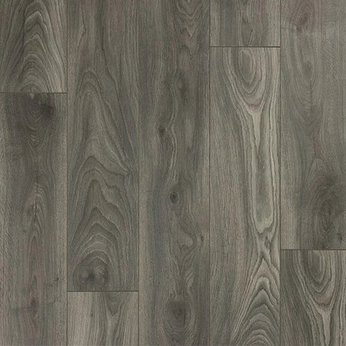 Smokey oak effect laminate flooring with grey wood grain pattern and matte finish